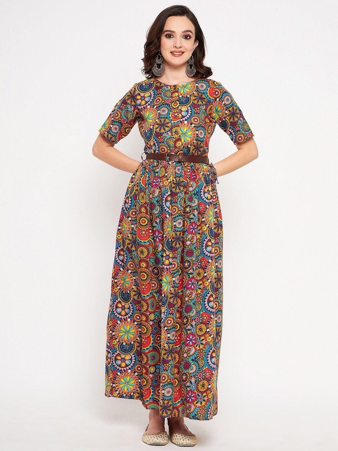 uptownie lite multicoloured belted ethnic printed crepe maxi dress