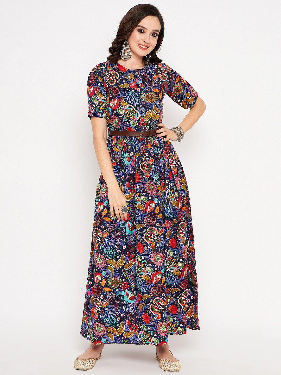 uptownie lite multicoloured ethnic motifs printed round neck crepe fit & flare maxi dress
