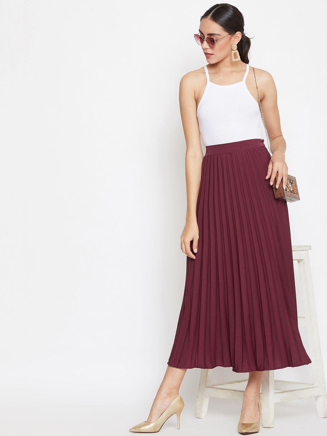 uptownie lite women maroon solid pleated flared midi crepe skirt