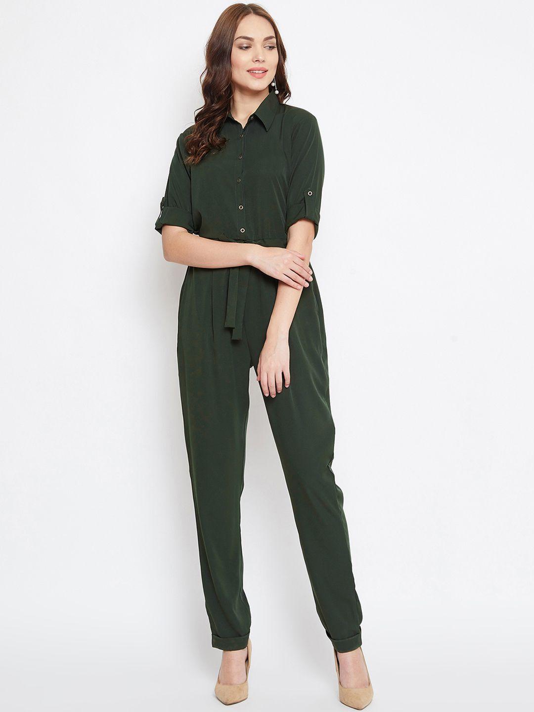 uptownie lite women olive green solid american crepe basic jumpsuit with waist tie-up