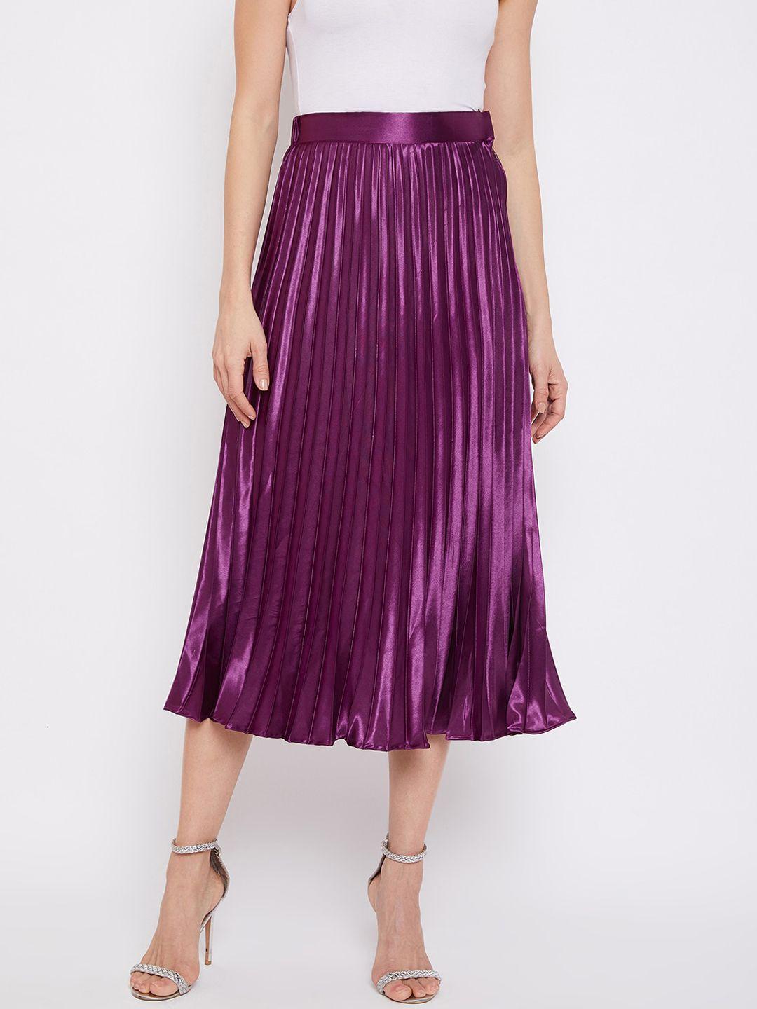 uptownie lite women purple solid satin pleated flared midi skirt