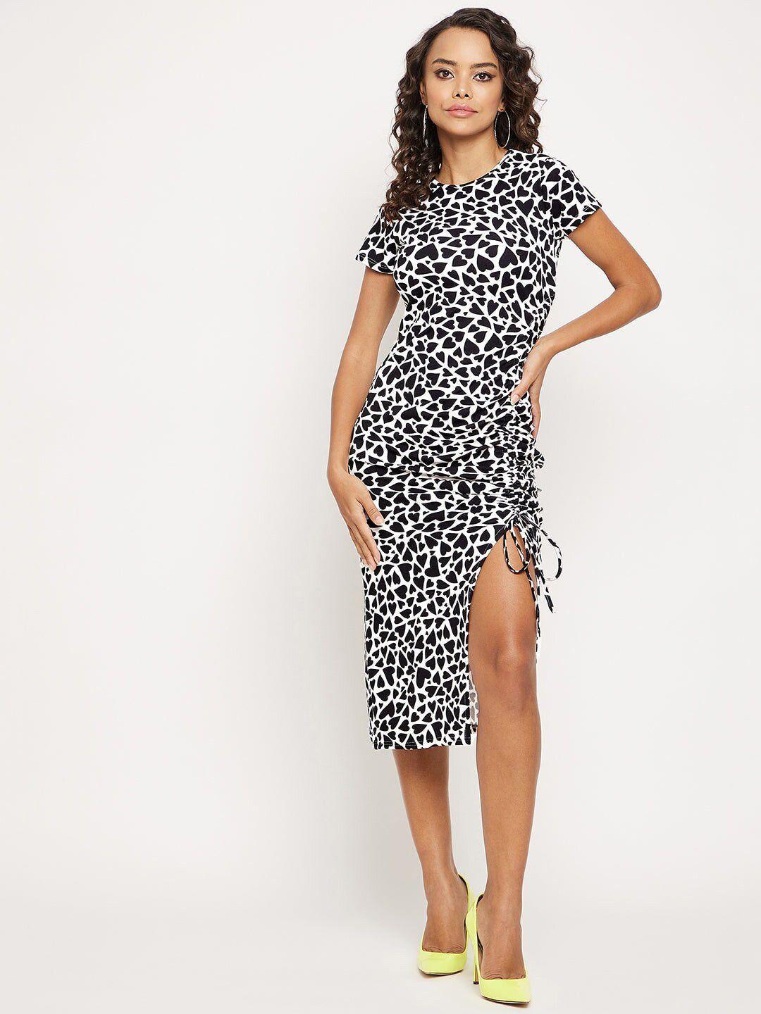 uptownie lite black & white abstract printed tie-ups ruched sheath cotton midi dress