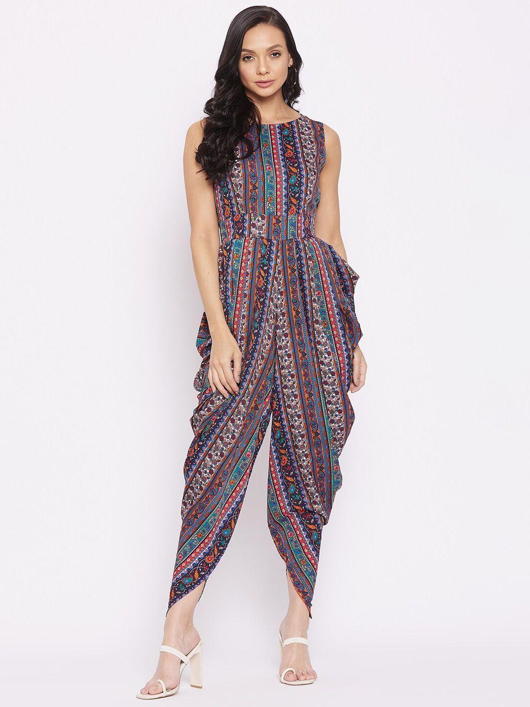 uptownie lite blue & orange printed relaxed fit ankle length dhoti basic jumpsuit