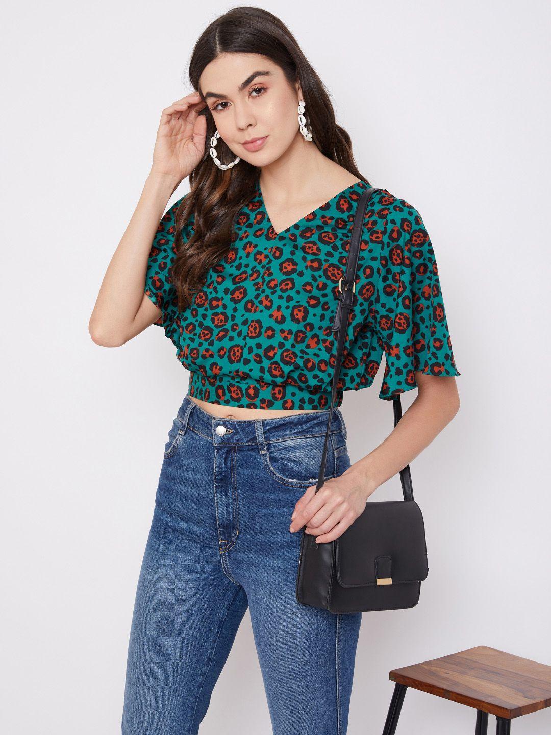 uptownie lite green animal printed flared sleeves crepe wrap crop top