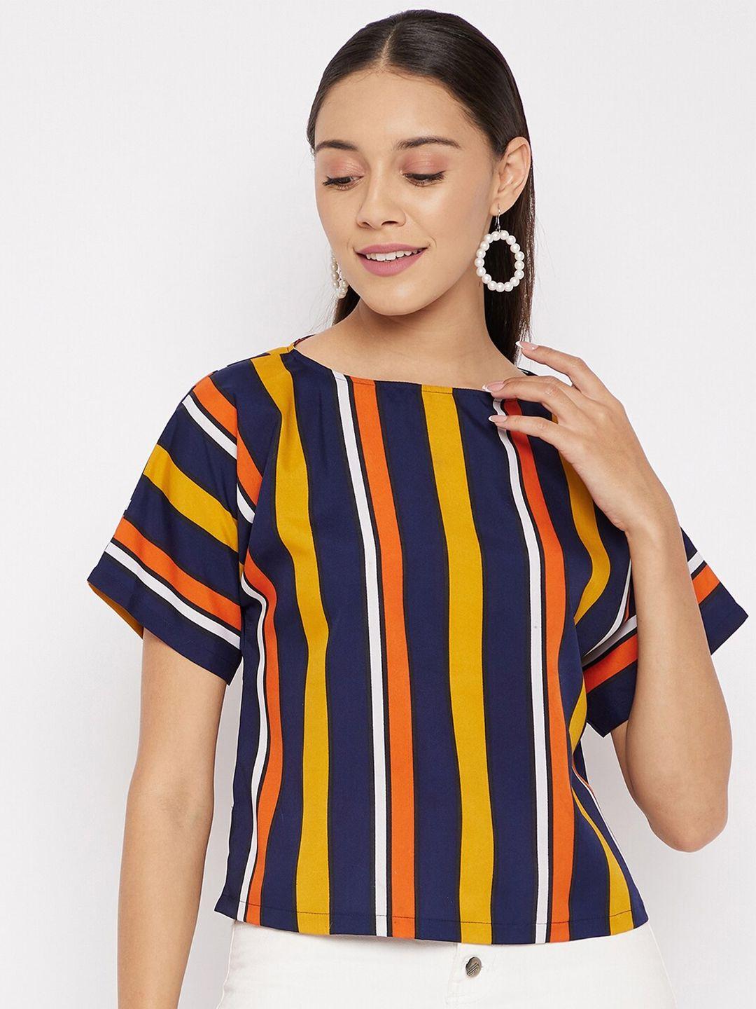 uptownie lite navy blue & yellow striped crepe regular top