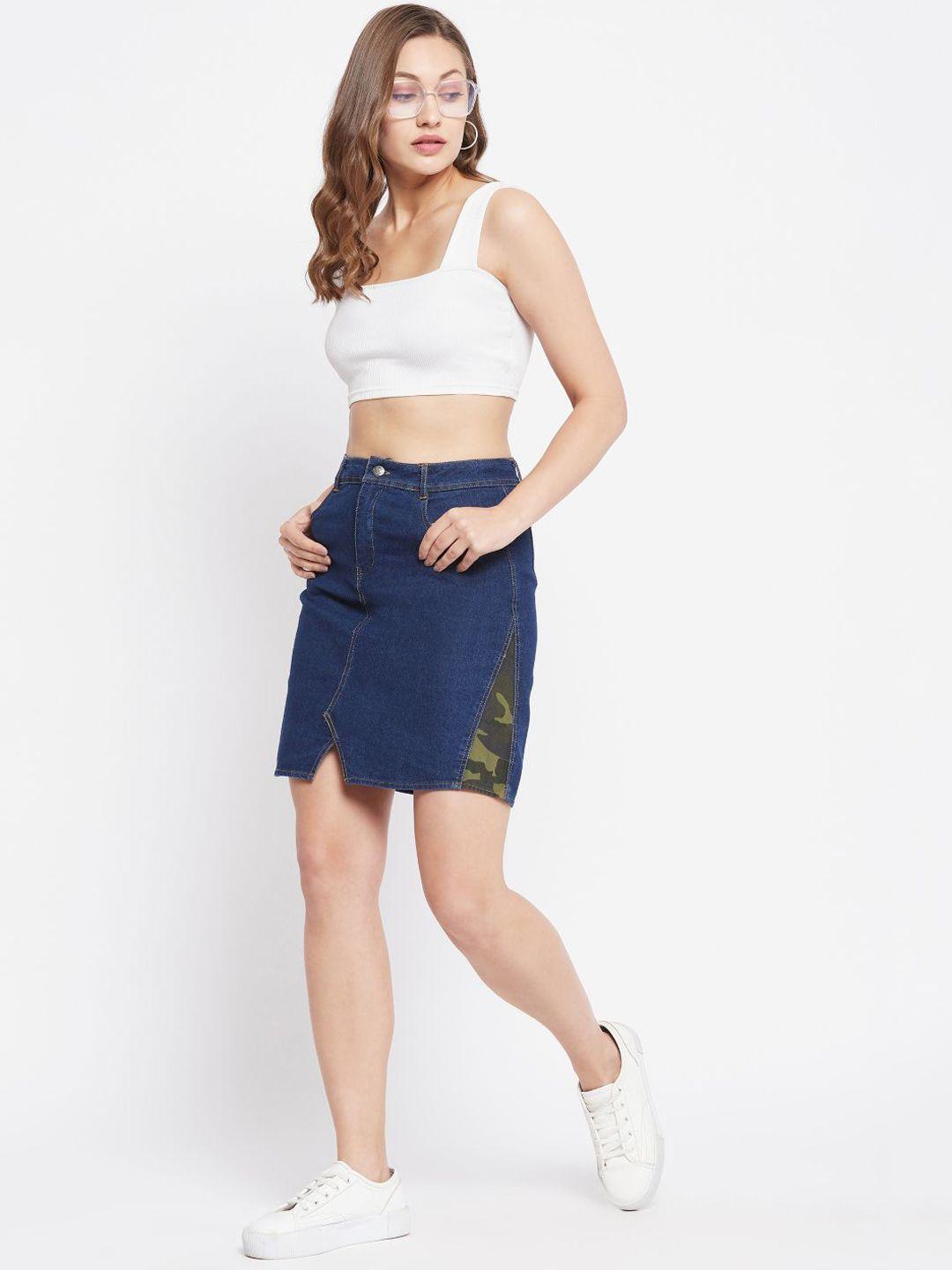 uptownie lite navy blue solid indigo denim straight above knee a-line skirt with patchwork