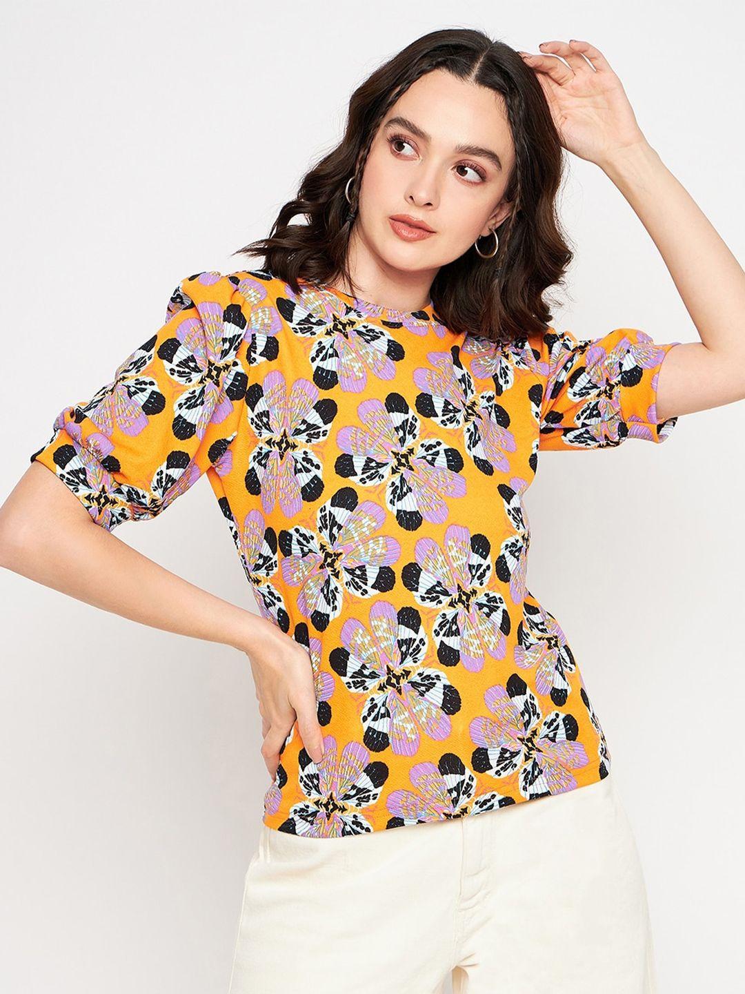 uptownie lite orange floral printed puff sleeves top