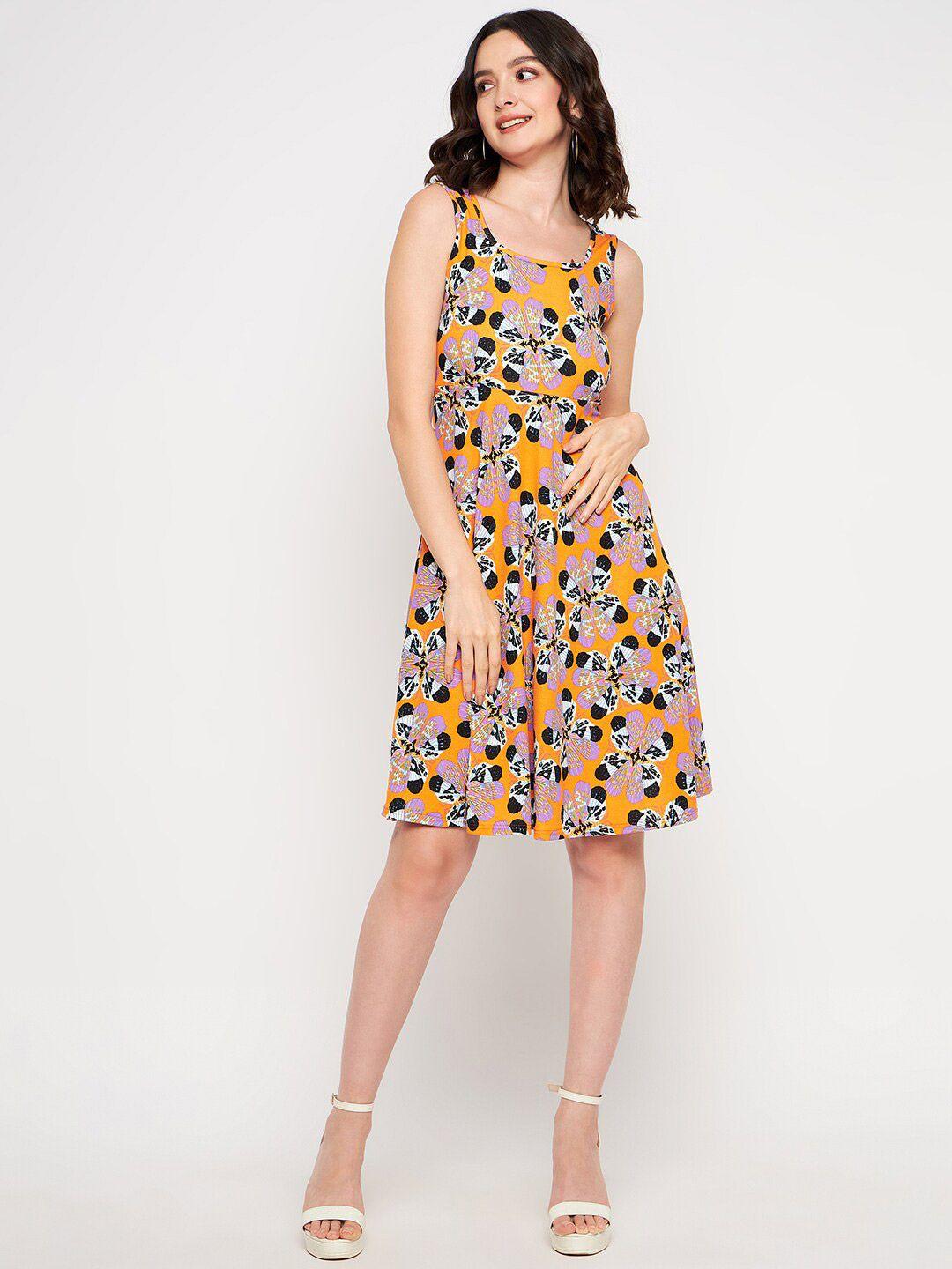 uptownie lite orange floral printed round neck sleeveless fit & flare dress