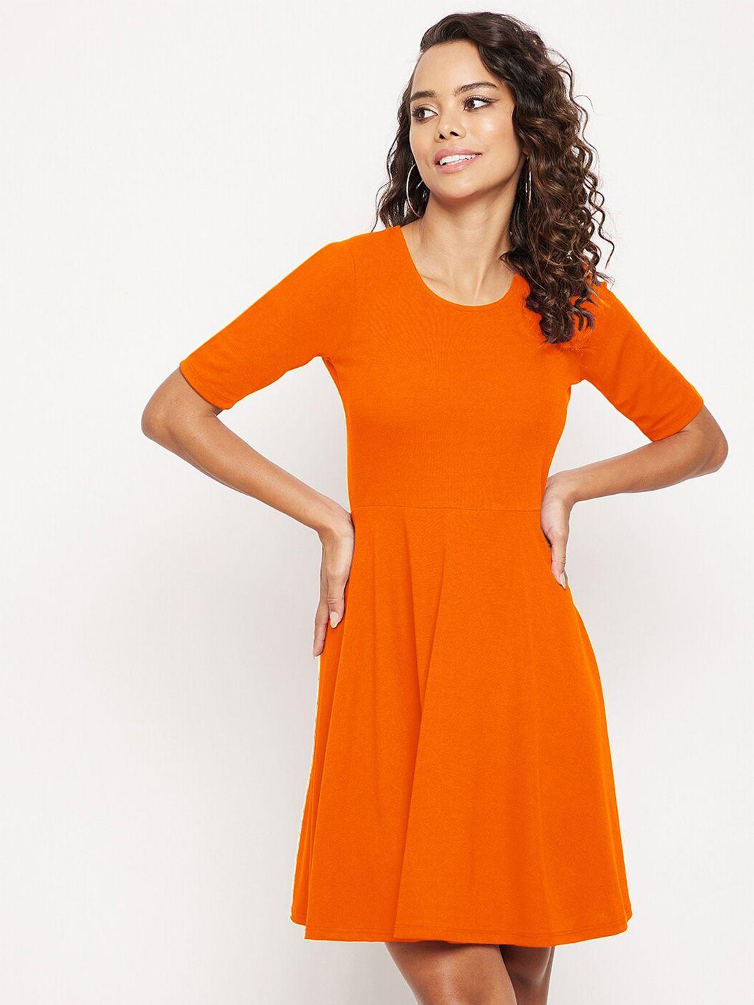 uptownie lite orange solid fit & flare dress
