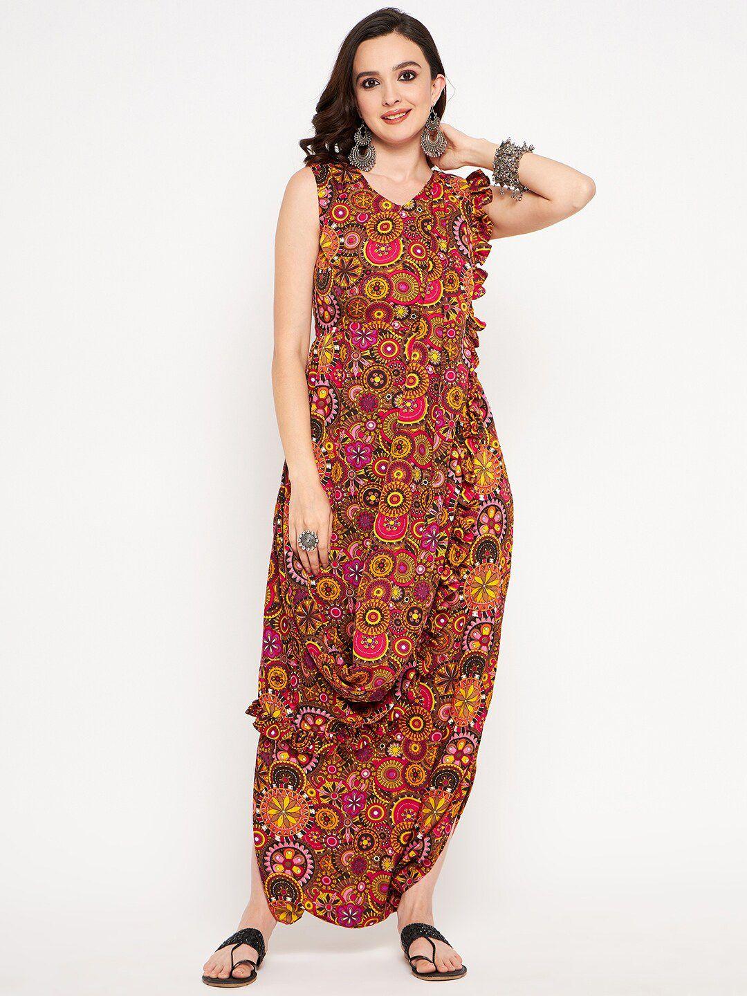 uptownie lite pink & orange ethnic motifs printed balloon jumpsuit