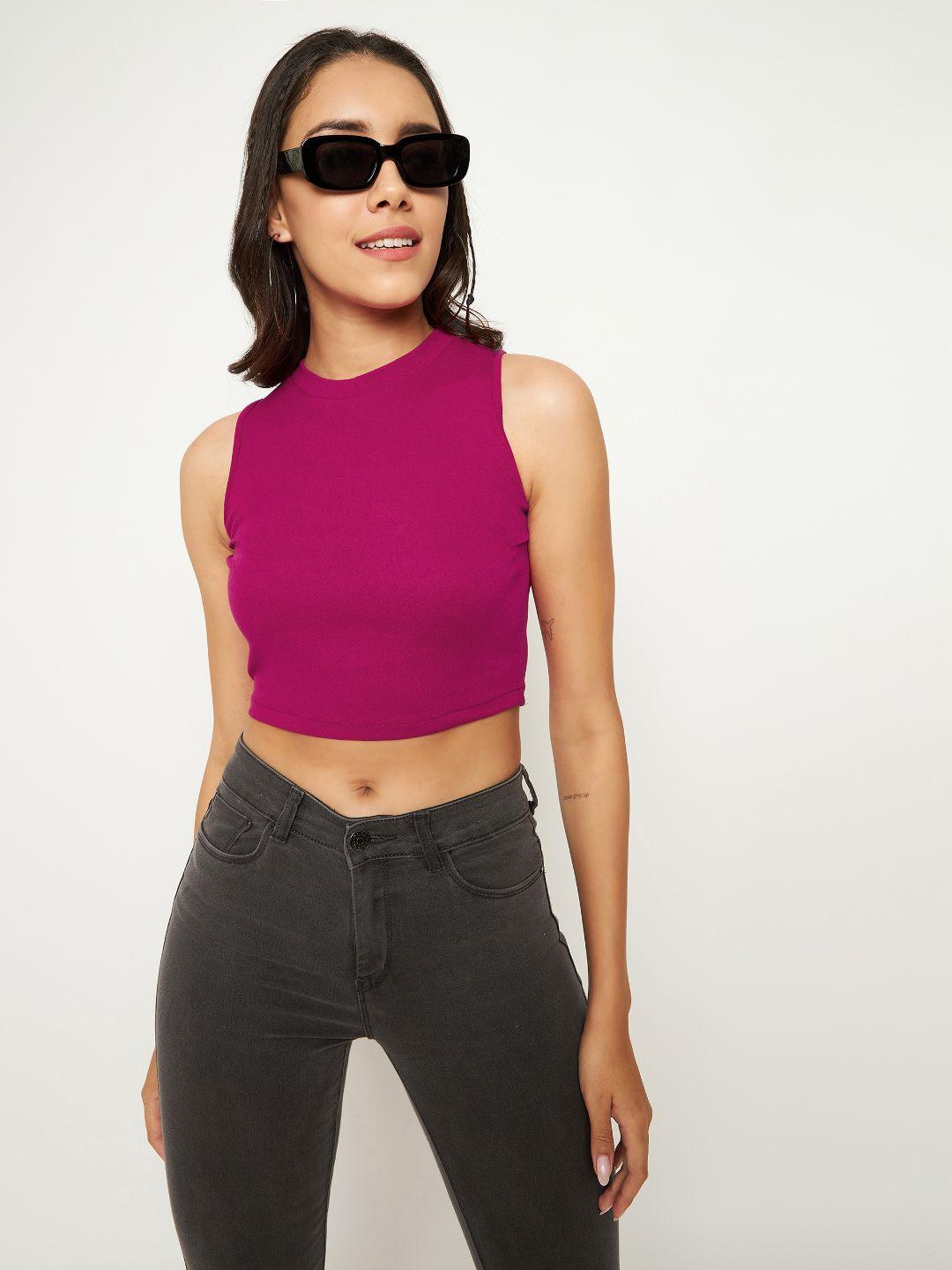 uptownie lite pink stretchable high neck sleeveless crop top