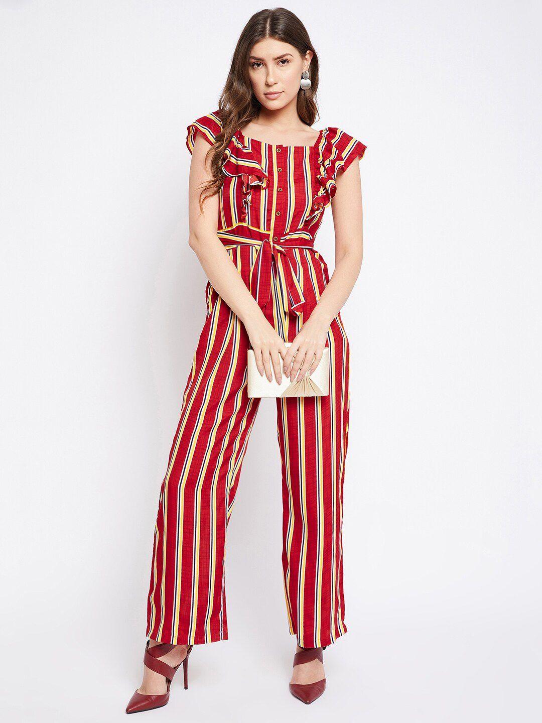 uptownie lite red & yellow striped basic jumpsuit with ruffles