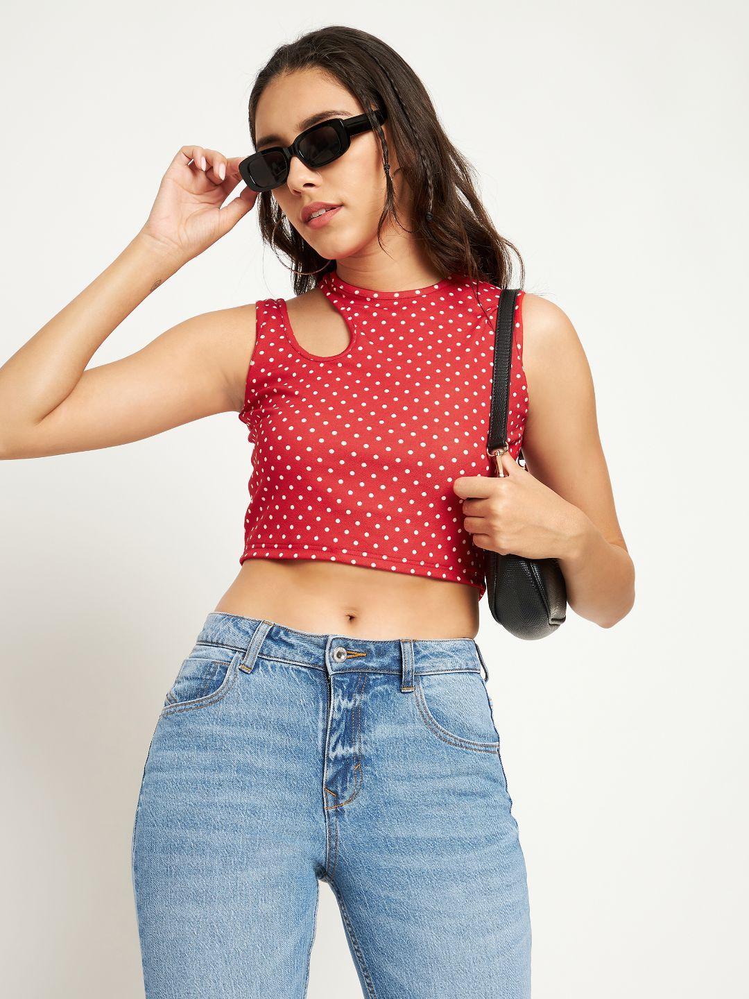 uptownie lite red geometric stretchable polyester high neck sleeveless cut-out crop top