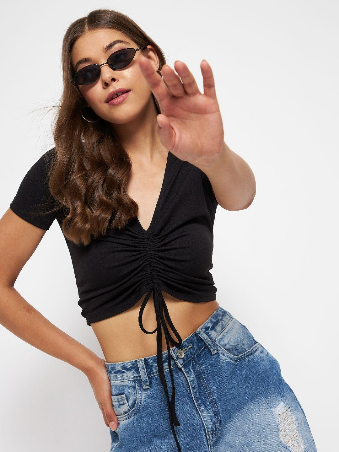 uptownie lite stretchable front drawstring ruched crop top