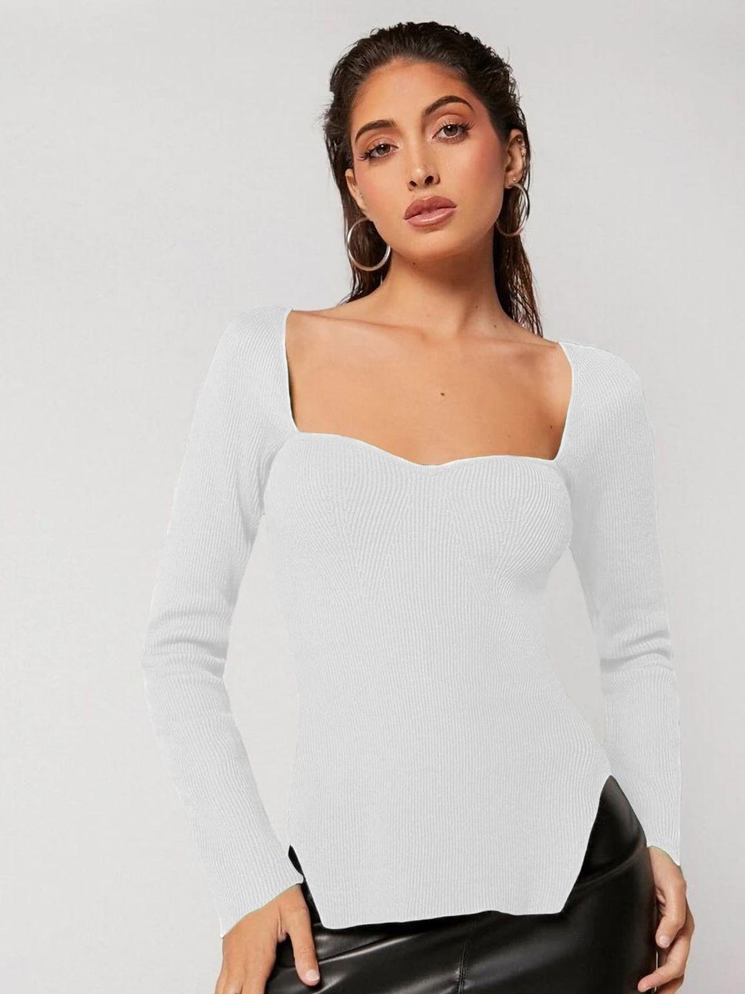 uptownie lite white self design long sleeves ribbed cotton sweetheart neck top