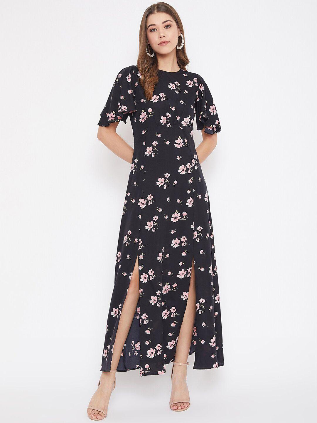uptownie lite women black & pink floral printed maxi dress