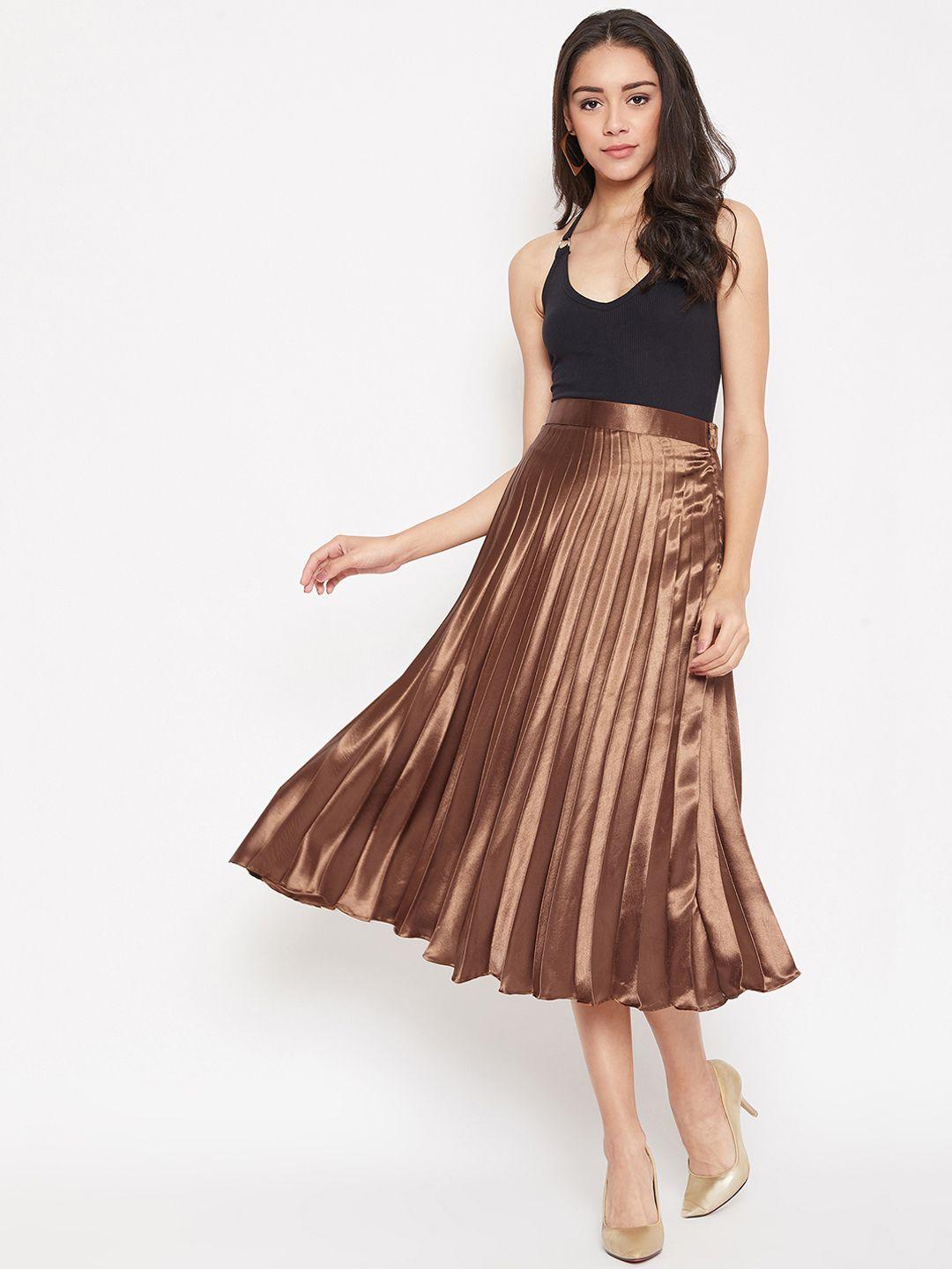 uptownie lite women brown solid satin pleated flared midi skirt