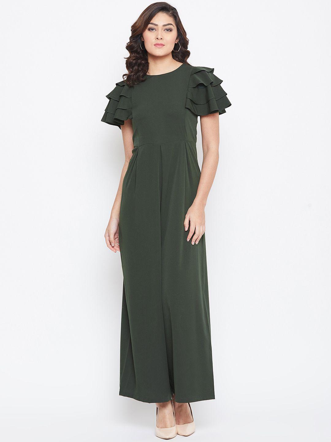 uptownie lite women green solid basic ruffle jumpsuit