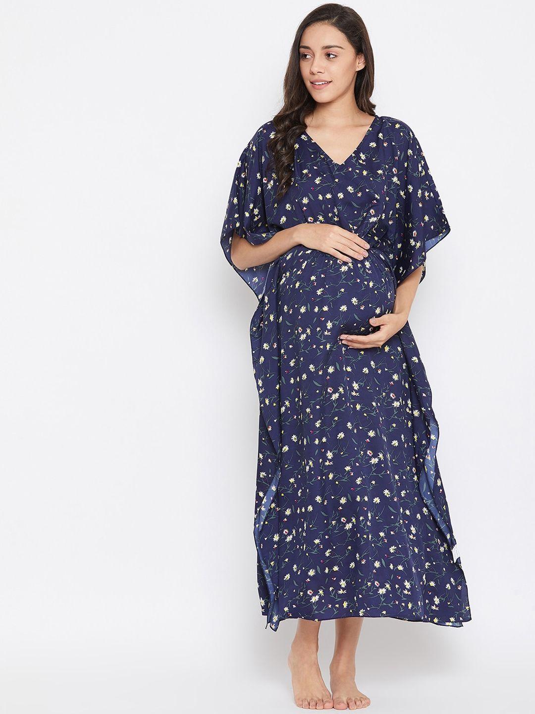 uptownie lite women navy blue printed maternity kaftan nightdress