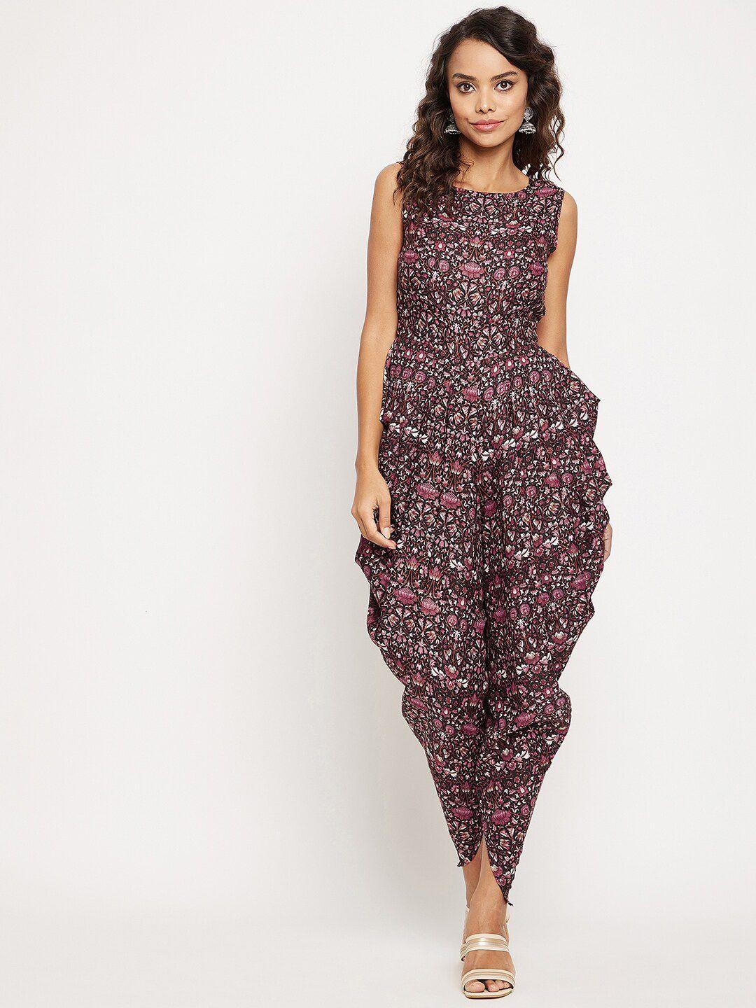 uptownie lite women pink & white printed crepe relaxed fit basic jumpsuit