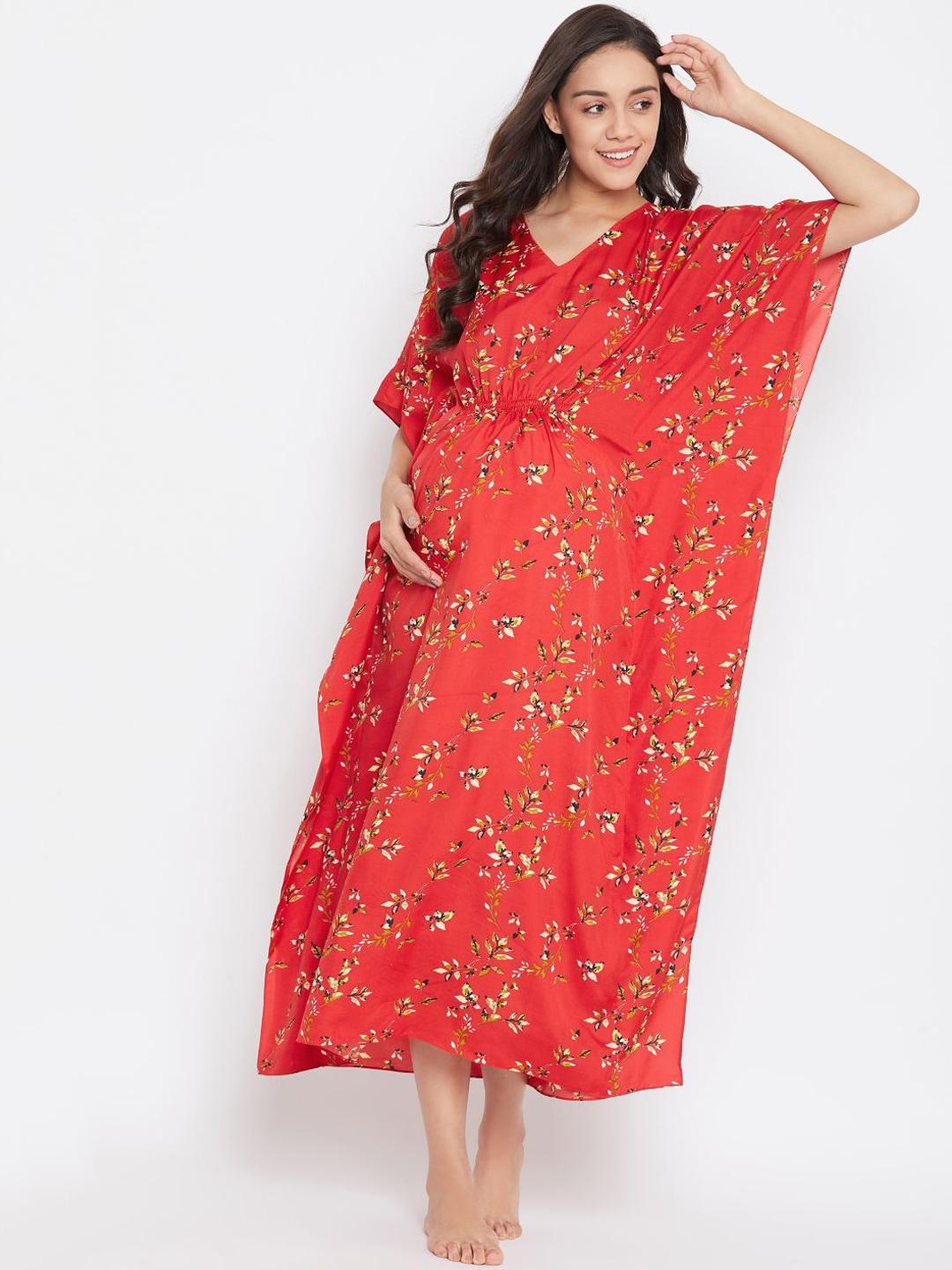 uptownie lite women red printed maternity kaftan maxi nightdress