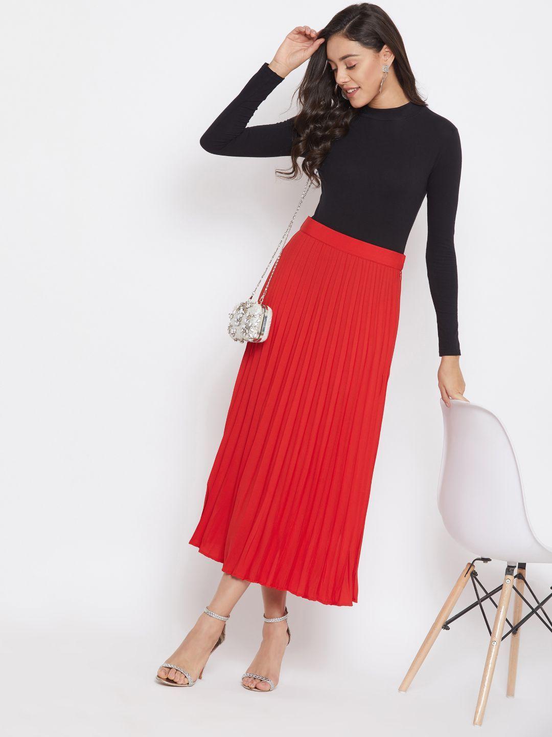 uptownie lite women red solid pleated midi flare skirt