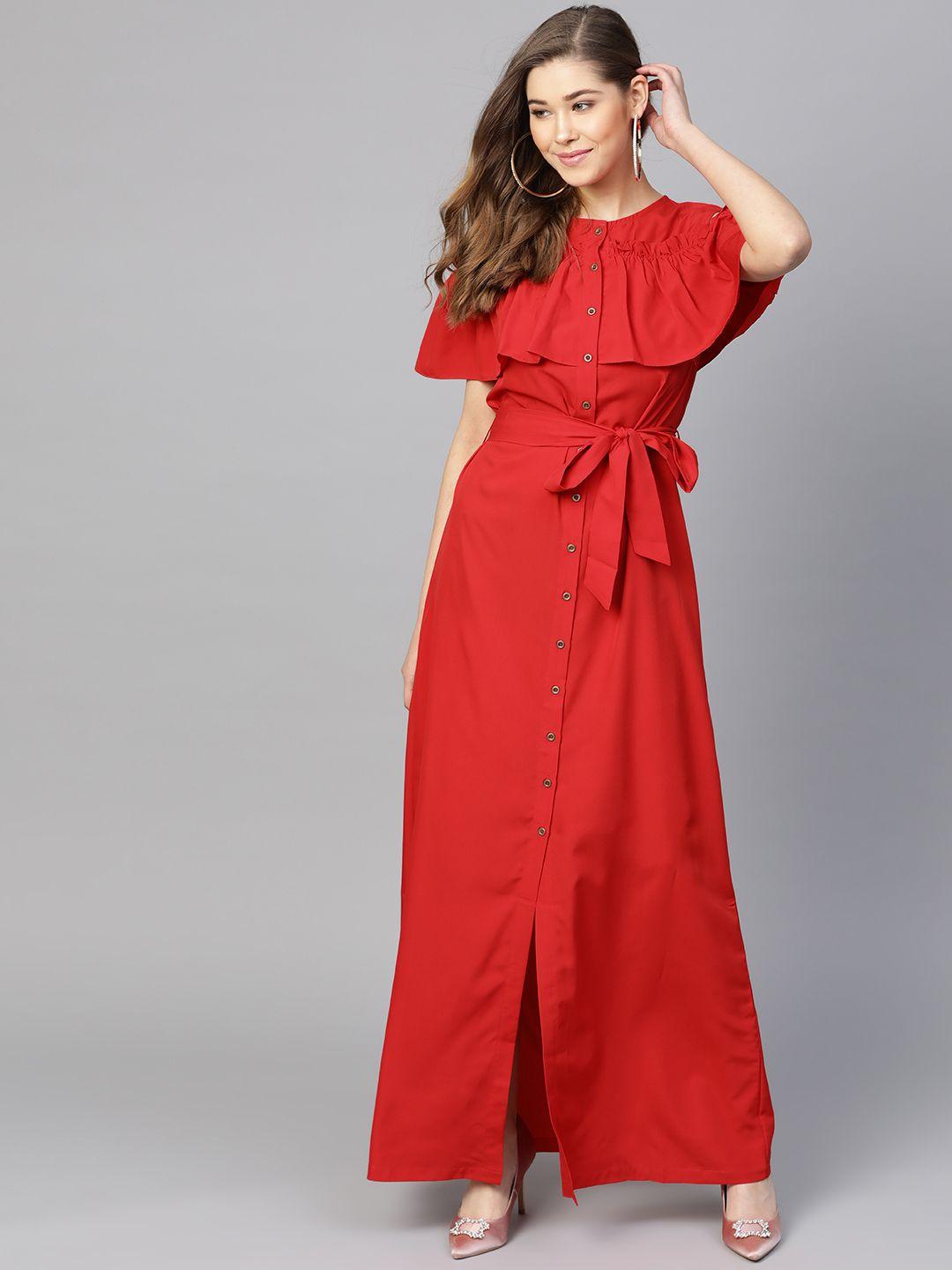 uptownie lite women red solid ruffle maxi dress with cold shoulder sleeves