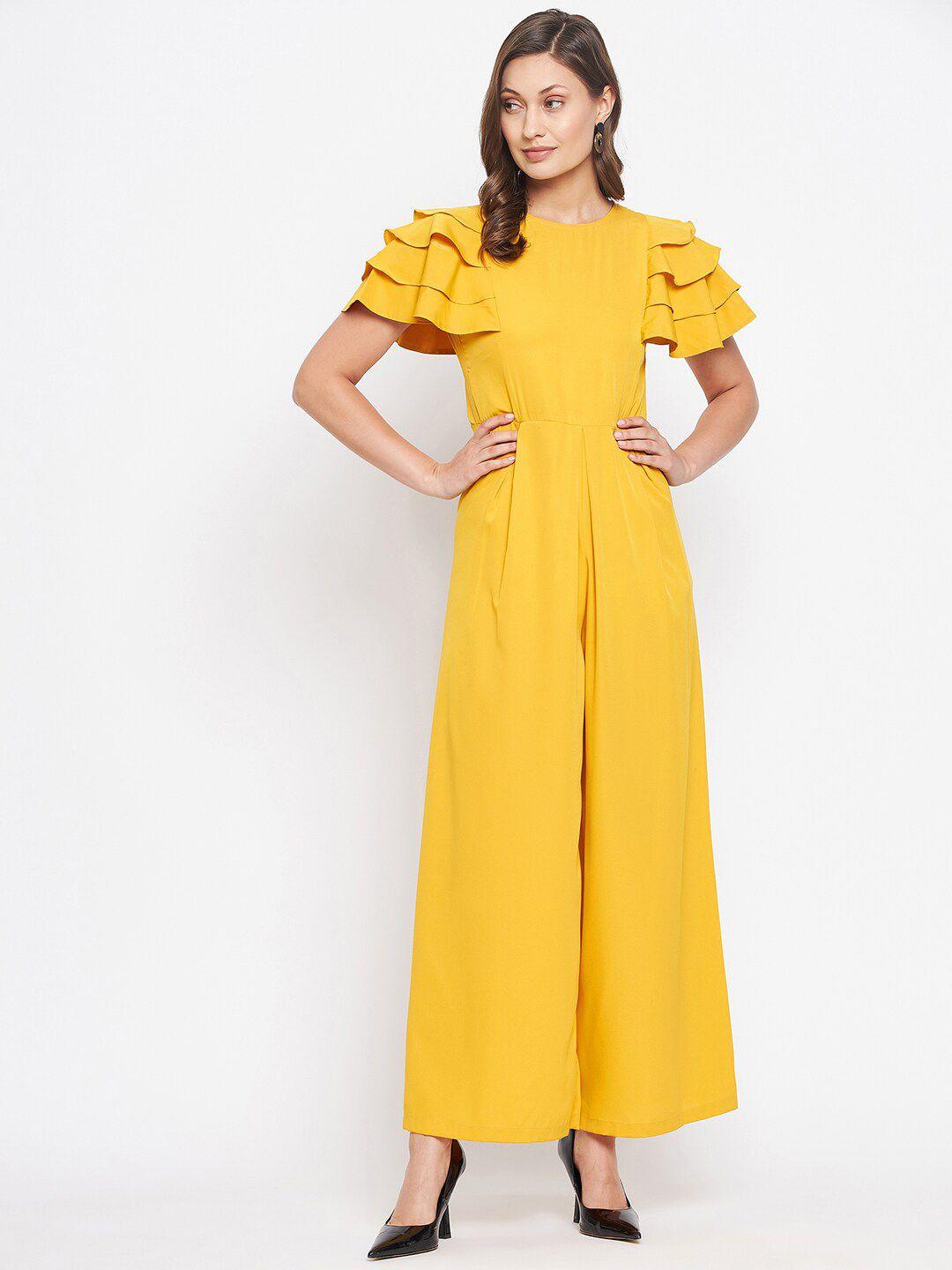 uptownie lite yellow crepe basic jumpsuit with ruffles