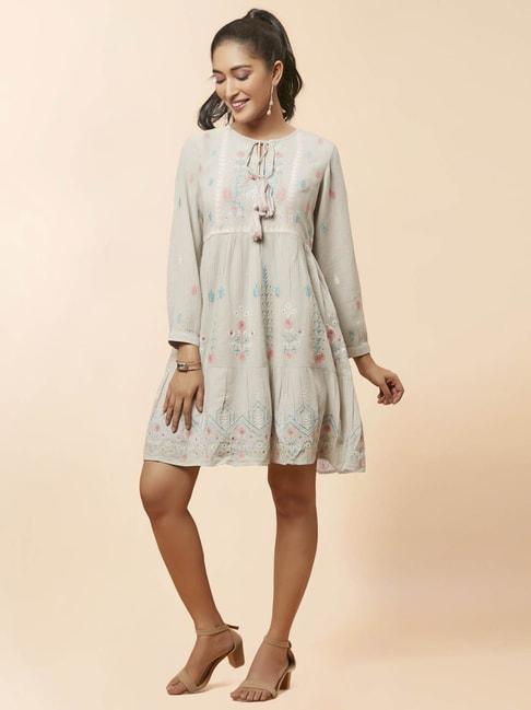 urban mystic off-white cotton embroidered a-line dress