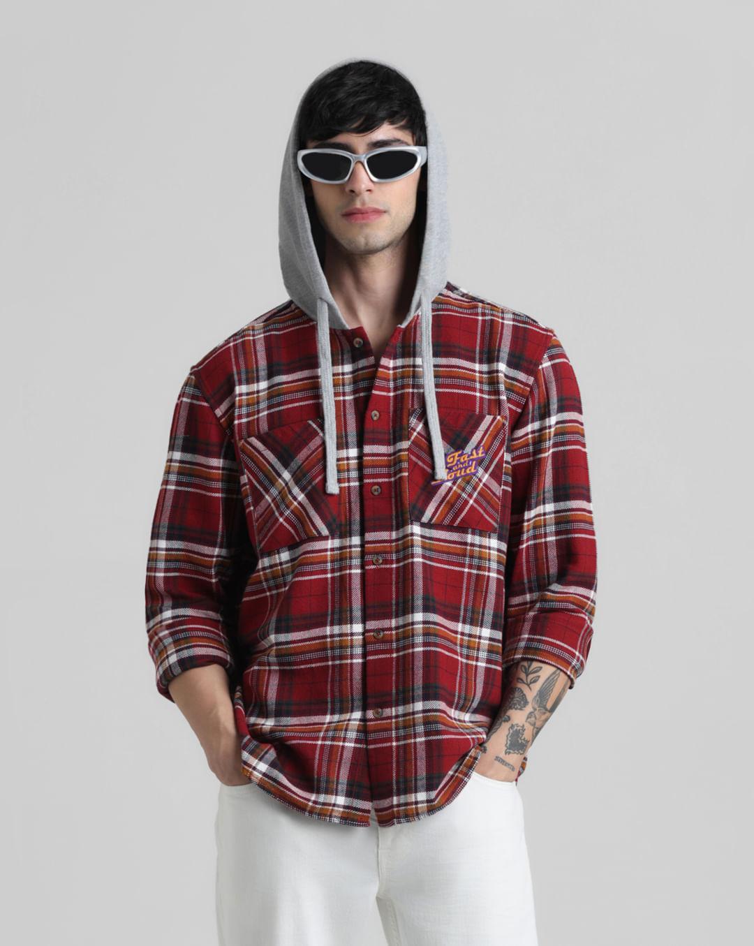 urban racers by jack&jones red check oversized hooded shirt