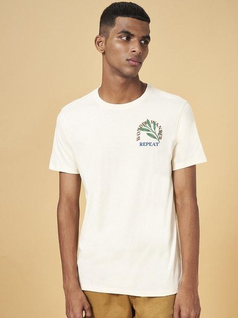 urban ranger by pantaloons cream cotton slim fit printed t-shirt