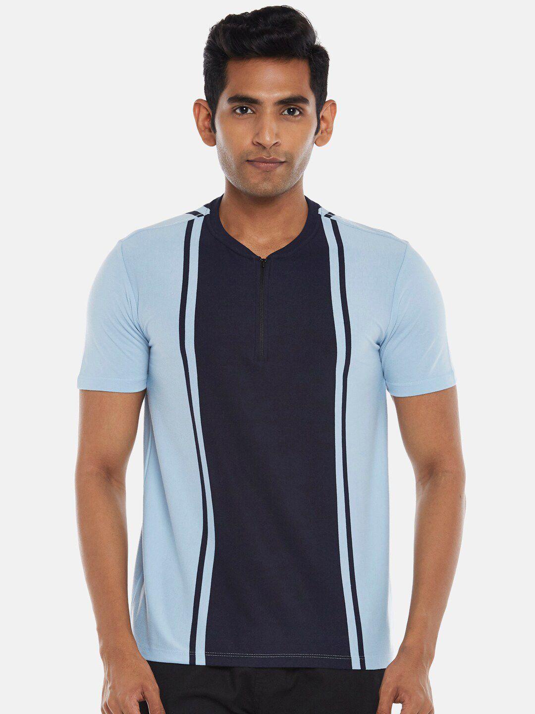 urban ranger by pantaloons men blue striped high neck raw edge slim fit t-shirt
