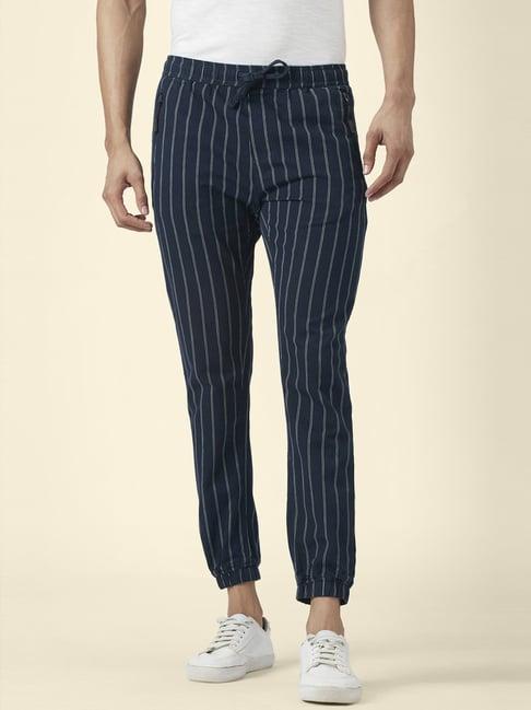 urban ranger by pantaloons navy cotton slim fit striped jogger pants