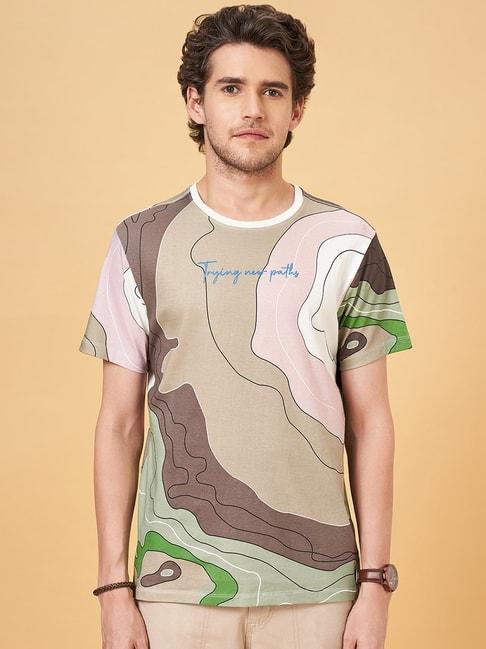 urban ranger by pantaloons sand cotton slim fit printed t-shirt