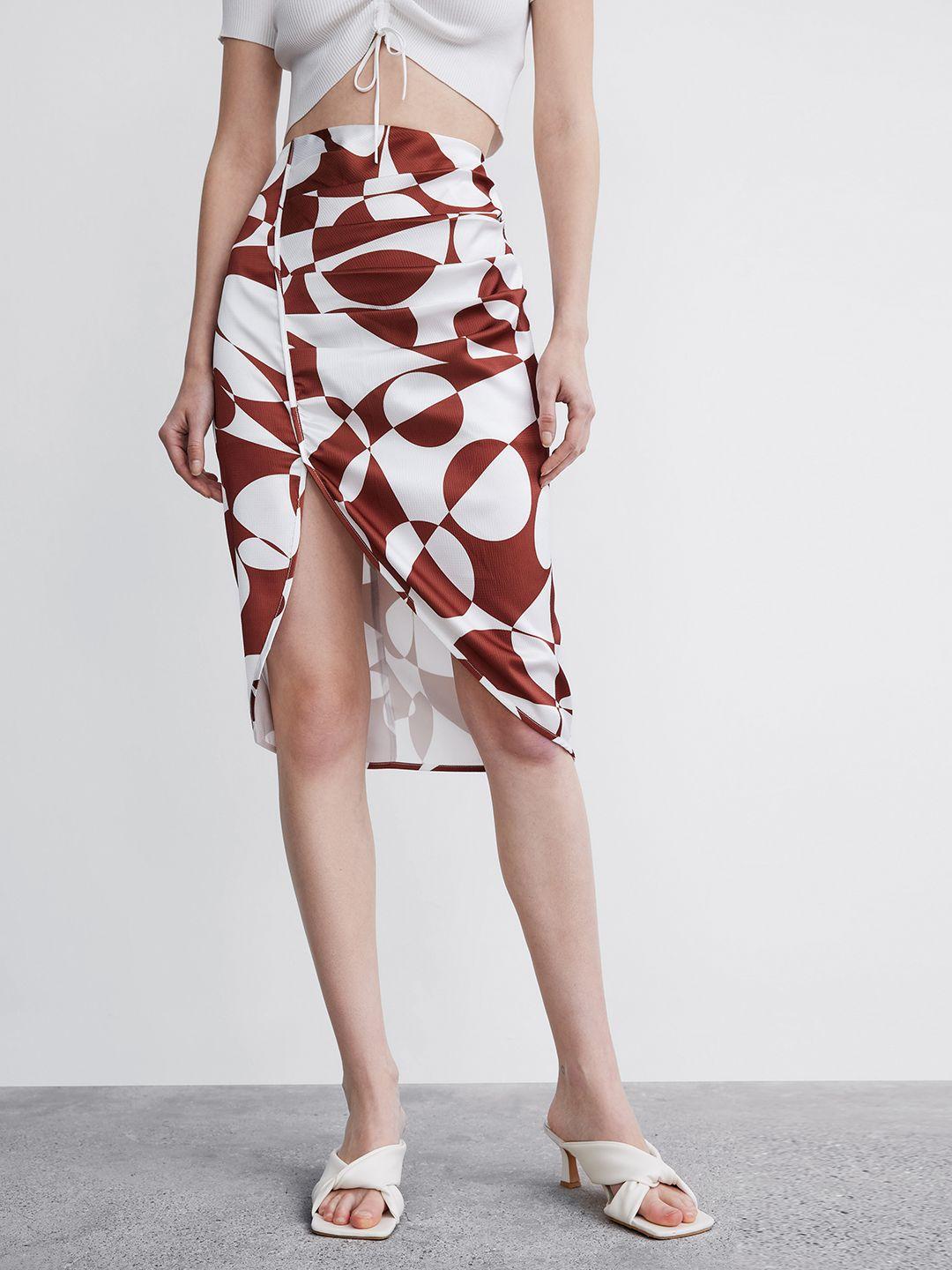 urban revivo abstract print front-ruched a-line skirt
