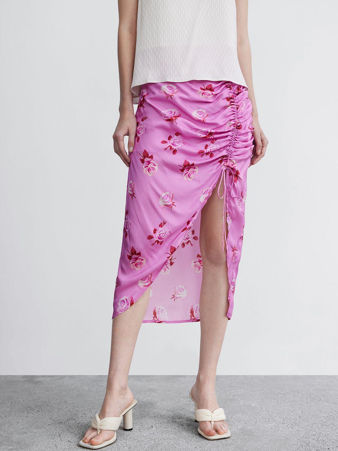 urban revivo floral print ruched high slit a-line midi skirt