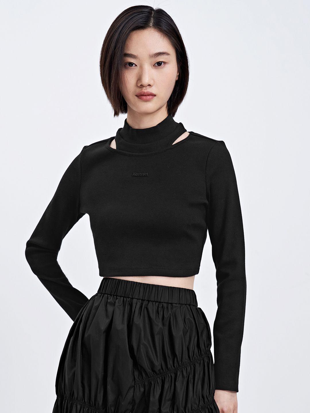 urban revivo high neck cut-out detail long sleeves fitted crop top