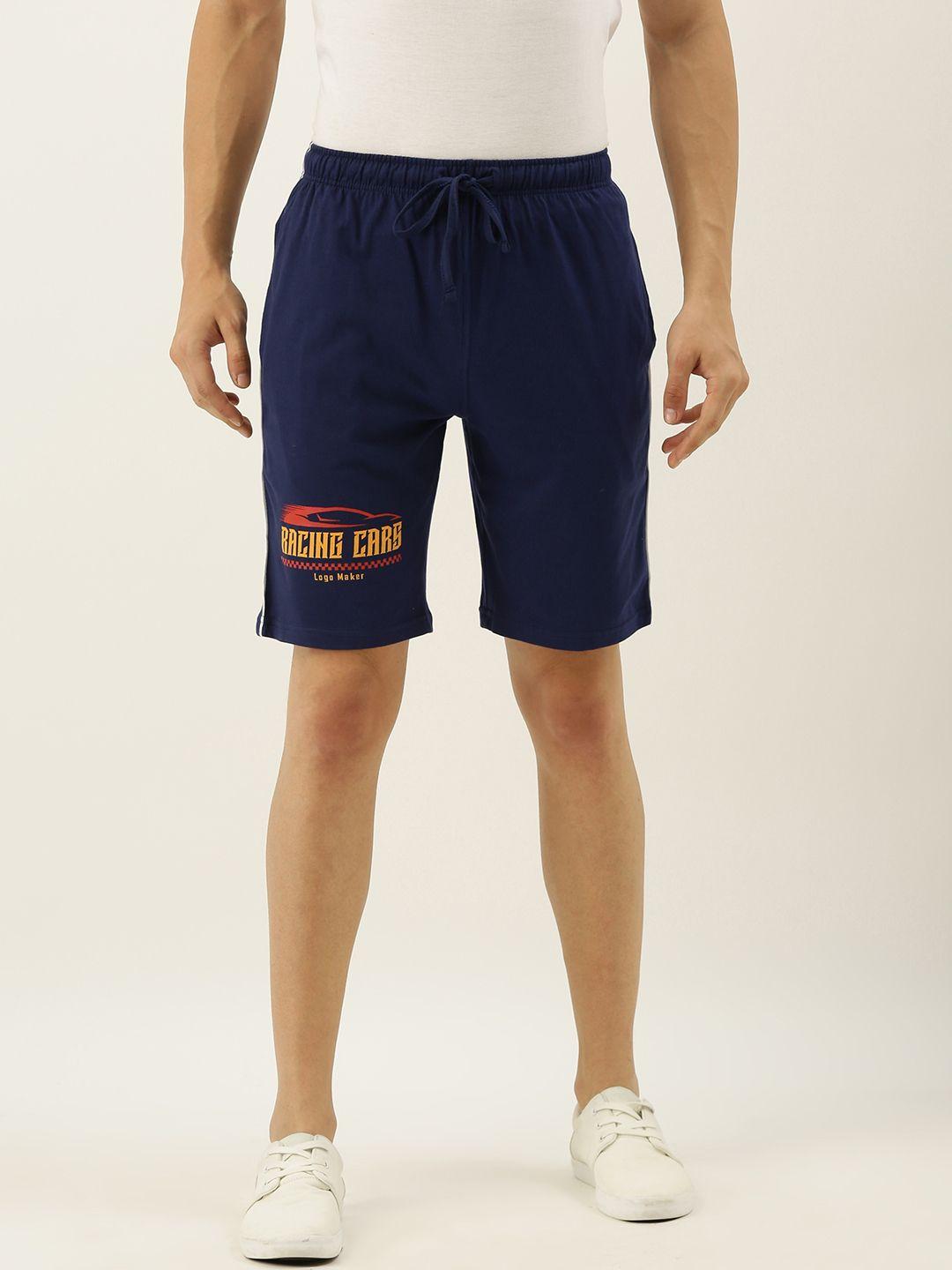 urban dog men navy blue printed regular fit regular shorts