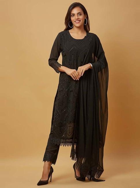 urban mystic black embroidered kurta pant set with dupatta