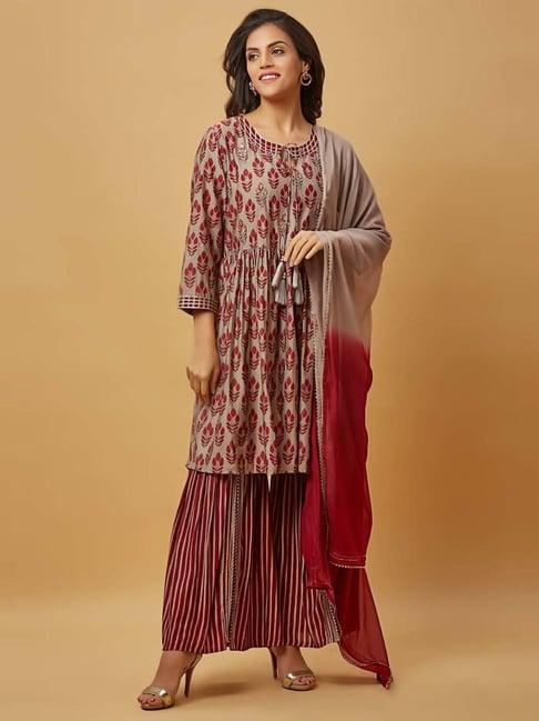 urban mystic grey & maroon embroidered kurta sharara set with dupatta