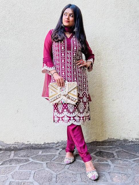 urban mystic maroon embroidered kurta with pants & dupatta