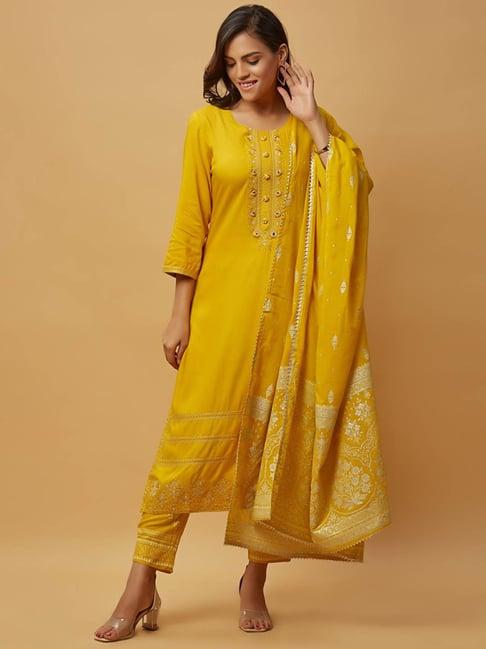 urban mystic mustard embroidered kurta pant set with dupatta