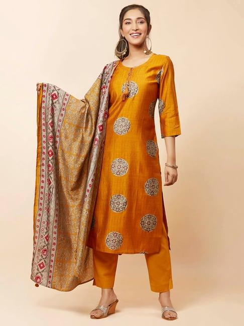 urban mystic mustard printed kurta with pant & dupatta