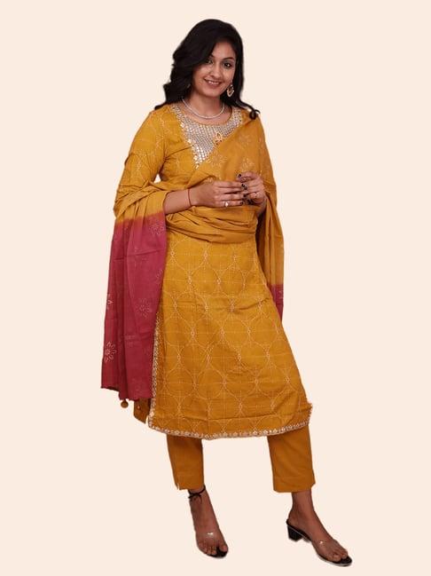 urban mystic mustard silk embroidered kurta with pants & dupatta