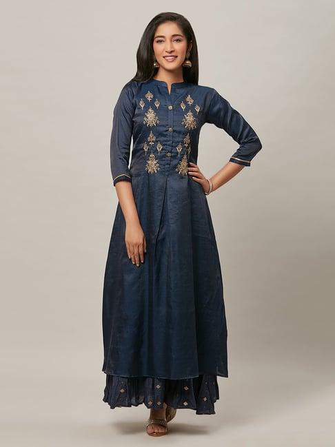 urban mystic navy embroidered flared kurta