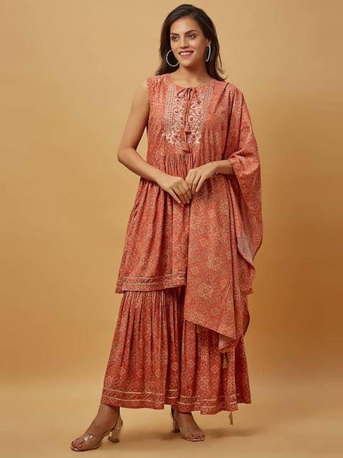 urban mystic peach embroidered kurti sharara set with dupatta