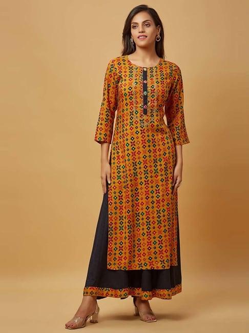 urban mystic yellow & black embroidered kurta palazzo set