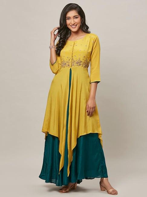 urban mystic yellow embellished flared kurta