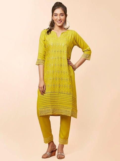 urban mystic yellow embellished kurta pant set