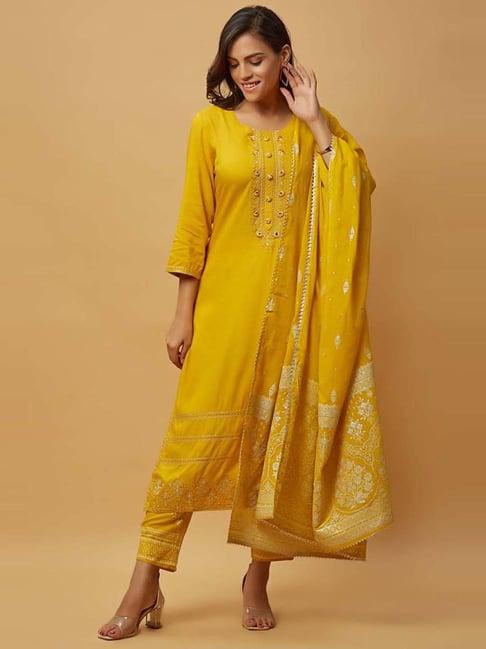 urban mystic yellow embroidered kurta pant set with dupatta